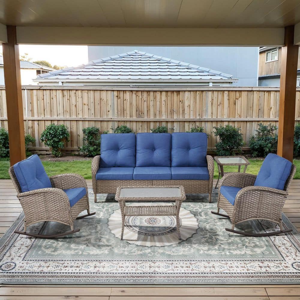 PlainCurve 5-Piece Gray Wicker Patio Conversation Set with Rocking Chairs and Olefin Navy Blue Cushions price history on PriceWatchPro