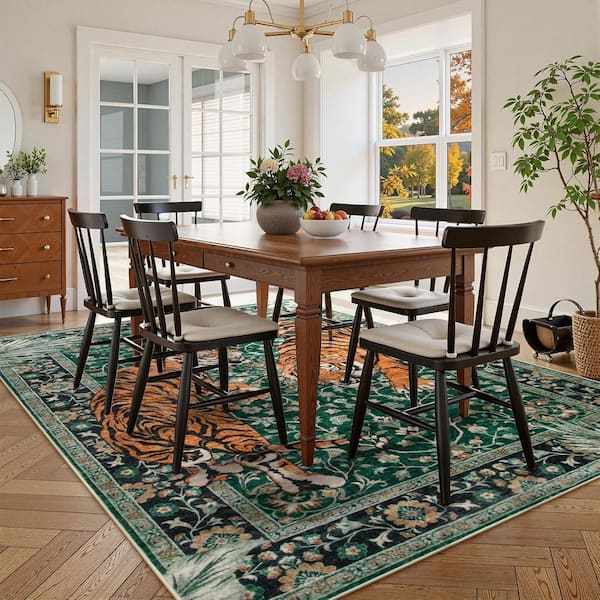 6 ft. x 9 ft. Green Goldene Vintage Tiger Washable Non Slip Soft Area Rug