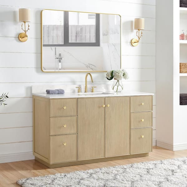 Oza 60 in.W x 22 in.D x 33.9 in.H Single Sink Bath Vanity in Natural Oak with White Quartz Stone Top and Mirror