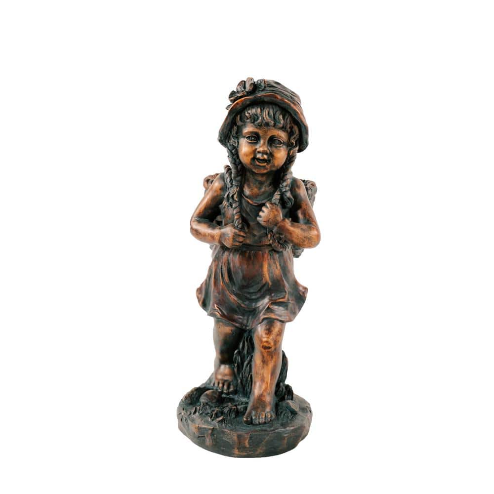 24" Faux Bronze Magnesium Oxide Girl Garden Statue with Plant Pot