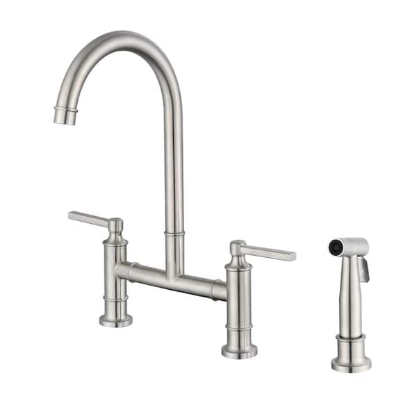 UPIKER Double-Handle Bridge Kitchen Faucet with Side Spray in Brushed Nickel
