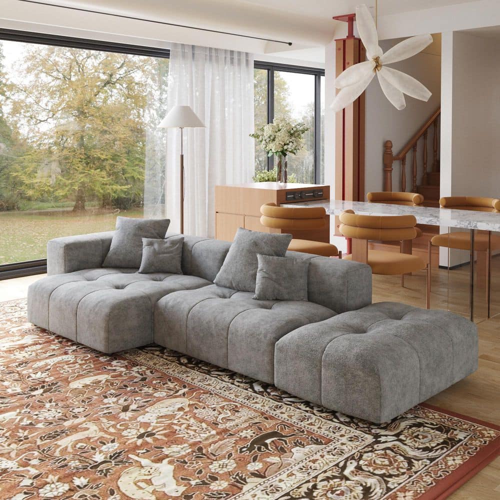 119.27 in. Square Arm 3-Piece Linen Convertible Modular Free Combination Sectional Sofa with Chaise in Gray