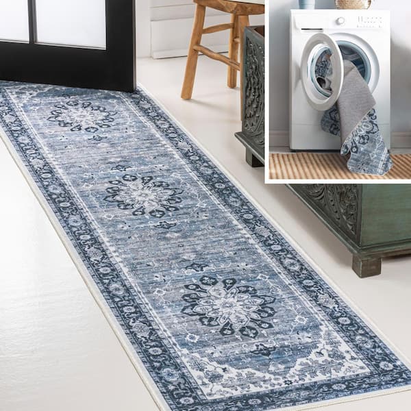 Asa Ornate Medallion Machine-Washable Blue/Cream 2 ft. x 8 ft. Runner Rug