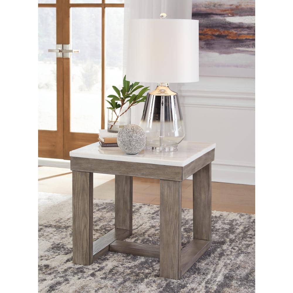 Loyaska 24 in. Brown/Ivory Square Marble End Table with Trestle Base