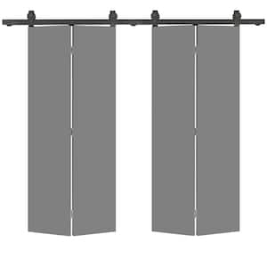 30 in. x 80 in. Light Gray Smooth Flush Hardboard Hollow Core Composite Bi-Fold Barn Door with Sliding Hardware Kit