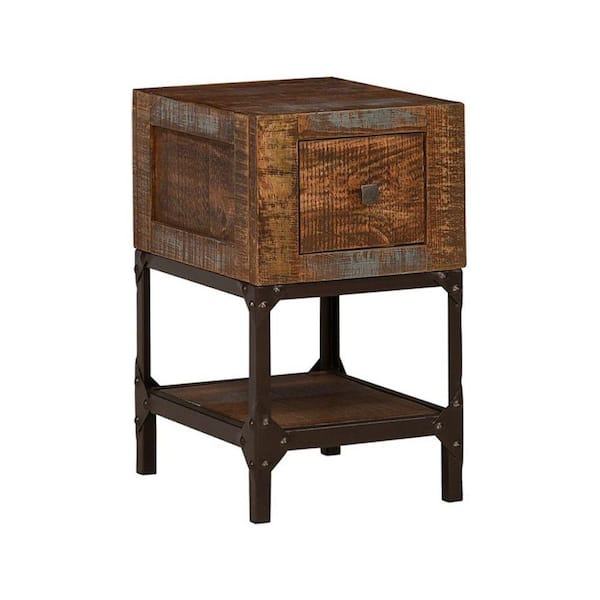 Benjara 17 in. Brown and Gold Tone Square Wood End Table with Drawer