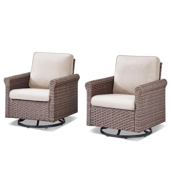 Buenaola Brown Wicker Outdoor Rocking Chair Patio Swivel Glider Chairs with Beige Cushions (2-Pack)