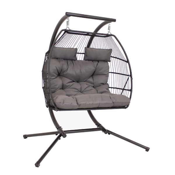 Sunnydaze Sunnydaze Polyrattan Andrei Double Egg Chair Patio Swing with Metal Stand and Polyester Cushion - Gray