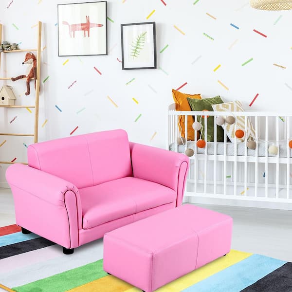 Pink Faux Leather Upholstery Kids Arm Chair Kids Sofa Couch Lounge with Ottoman