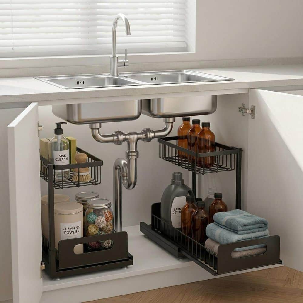 2 Tier Pull Out Drawer Under Sink Organizer for Bathroom Kitchen Storage in Black for Cleaning Supplies 2 Pack price history on PriceWatchPro