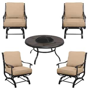 Redwood Valley Black 5-Piece Steel Outdoor Patio Fire Pit Seating Set with Sunbrella Beige Tan Cushions