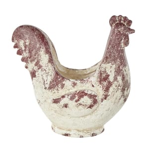 14 x 14 x 7 in. Medium White Magnesium Oxide Rooster Pot Planter with Rust Colored Distressed Details