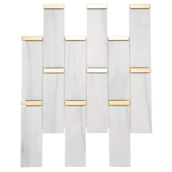 Giorbello White Marble and Gold Steel Trim Subway Mosaic Tile 11"x 11.75" (4.8 sq. ft.)