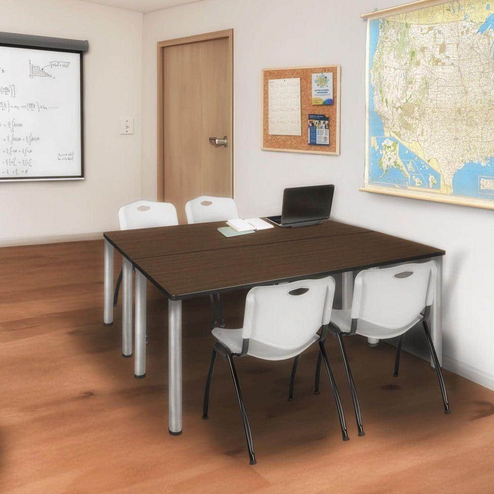 Kee 60 in. x 24 in. Neo Walnut Top Training Table Desk, Chrome Legs and 2 M Stack Chairs-Grey
