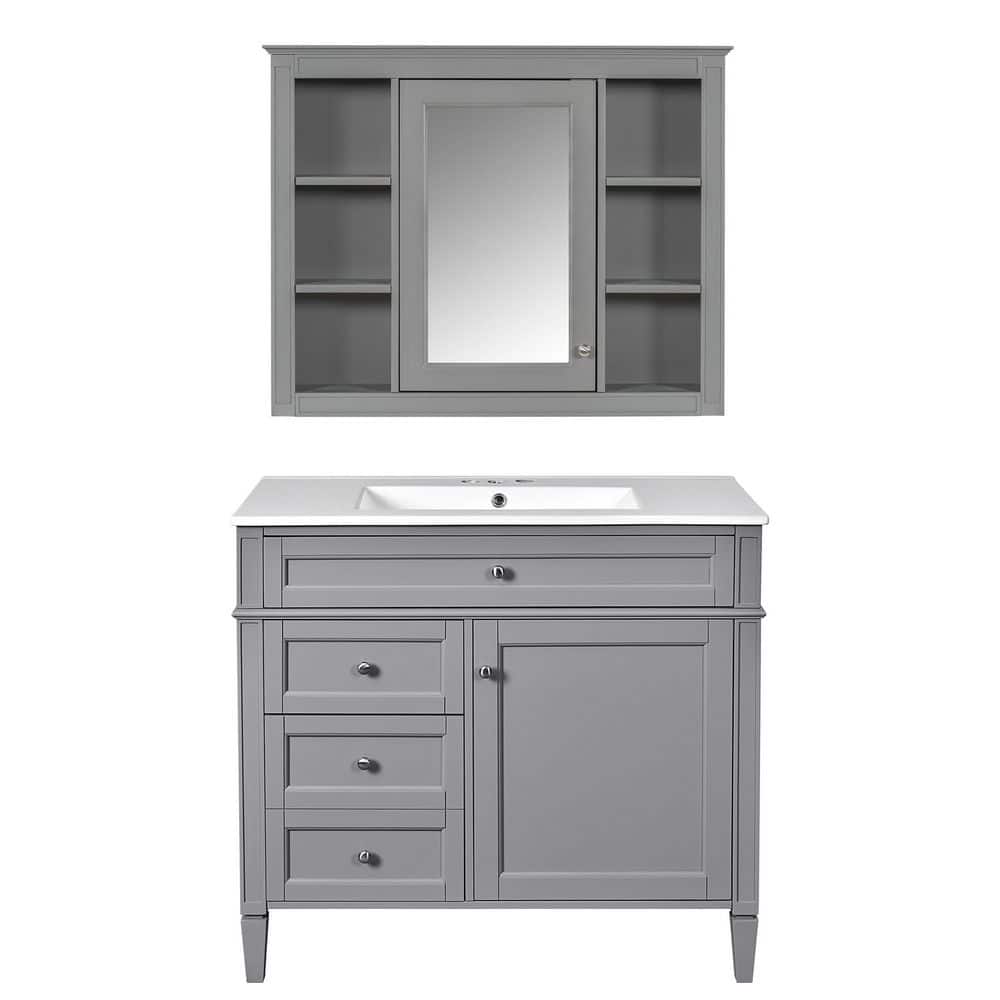 36 in. Single Sink Bath Vanity Freestanding Grey Storage Cabinet with Medicine Cabinet, White Ceramic Top, 4 Drawers price history on PriceWatchPro