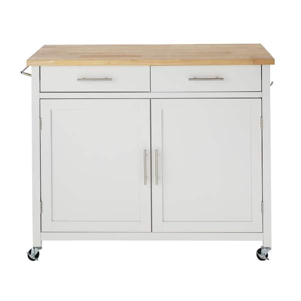 Glenville Cream White Rolling Kitchen Cart with Butcher Block Top and Double-Drawer Storage (42" W)