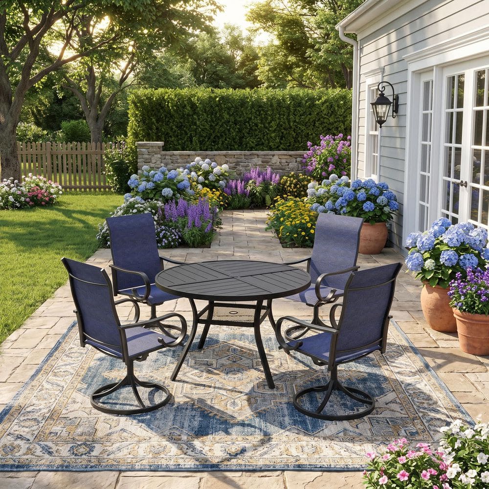 5-Piece Metal Outdoor Dining Set with 40.6 in. Black Round Table and 4 Textilene Swivel Dining Chairs with Blue Fabric price history on PriceWatchPro