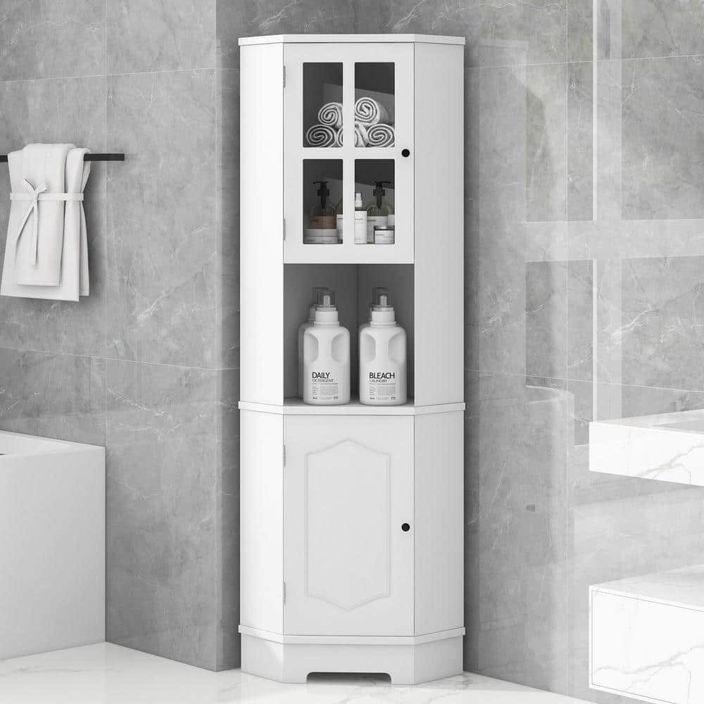 23.2 in. W x 15.9 in. D x 65 in. H White Tall Corner Linen Cabinet with 2-D