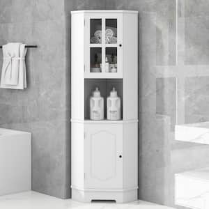 23.2 in. W x 15.9 in. D x 65 in. H White Tall Corner Linen Cabinet with 2-Doors Adjustable Shelf and Open Shelf