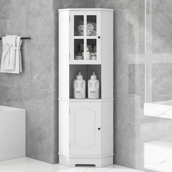 EPOWP 23.2 in. W x 15.9 in. D x 65 in. H White Tall Corner Linen Cabinet with 2-Doors Adjustable Shelf and Open Shelf