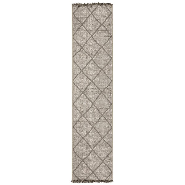 Gables Beige 2 ft. x 8 ft. Large Geometric Diamond Trellis Polypropylene Indoor/Outdoor Runner Area Rug