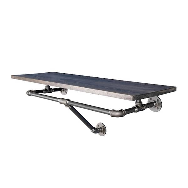24 in. x 12 in. 18 in. Boulder Black Solid Wood Decorative Industrial Wall Shelf With Hanging Rod