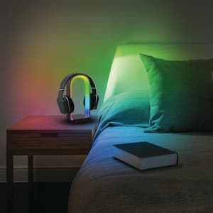 12 in. Black Arc plus Smart Indoor Multicolor LED Lamp With USB And 10-Watt QI Wireless Charging