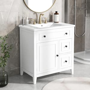 30 in. W Single Sink Bath Vanity in White with White Ceramic Top, 2 Drawers, Magnetic Door Stopper