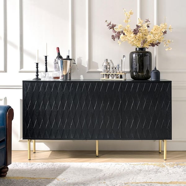 JAYDEN CREATION Livius Black Modern 60 in. Wide 3-Door Sideboard with Metal Adjustable Feet