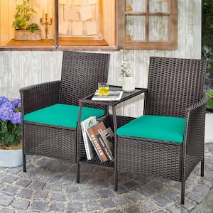 Wicker Patio Conversation Set Sofa Loveseat Glass Table with Turquoise Cushions