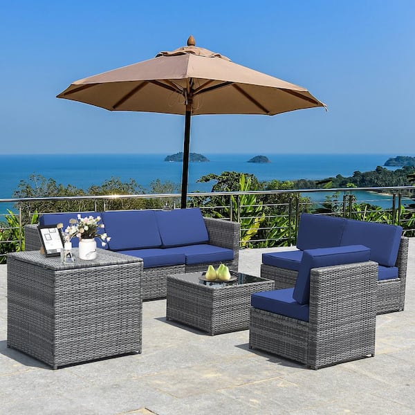 8-Piece Wicker Patio Conversation Set Rattan Furniture Storage Table with Navy Cushions