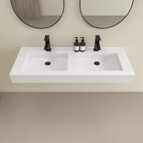 Vetra 47 x 19 in. Solid Surface Wall Mount or Countertop Bathroom Double Vessel Sink with Faucet Holes in Matte White