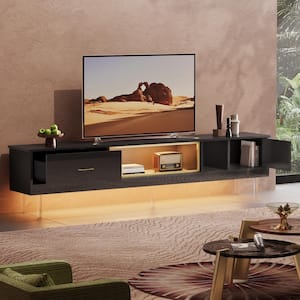 80 in. High Gloss TV Stand fits TVs up to 85 in. LED Entertainment Center with Drawer and Cabinets Black and Gold