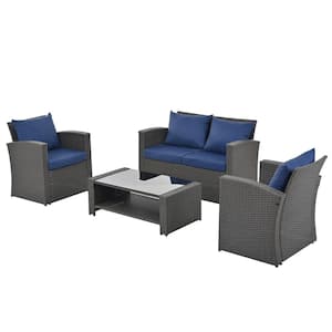 4-Piece Dark Gray Wicker Patio Conversation Set with Blue Cushions and Tempered Glass Table