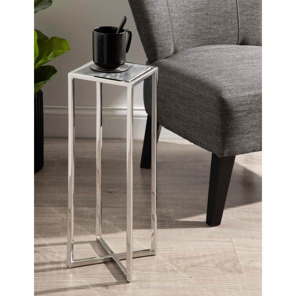 Jaspur Gray Marble and Silver Metal Square Drink Table