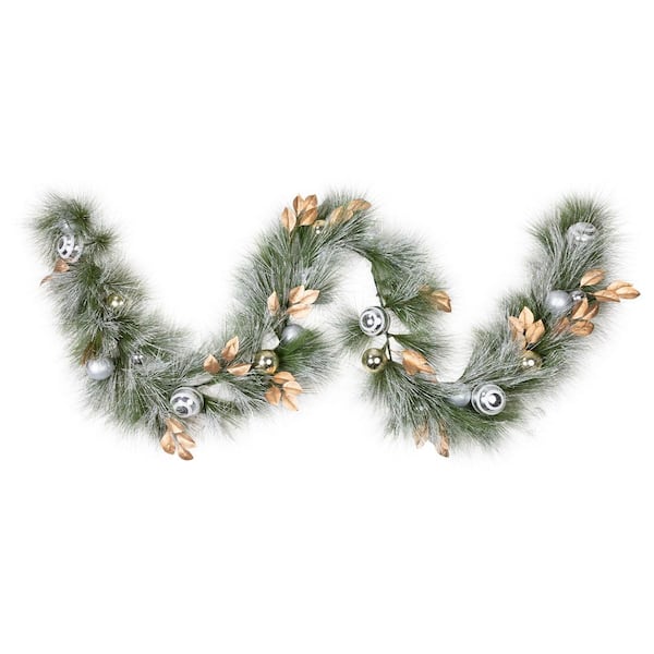 Flocked Pine and Ornaments Artificial Christmas Garland-10 ft. x 15 in. Unlit