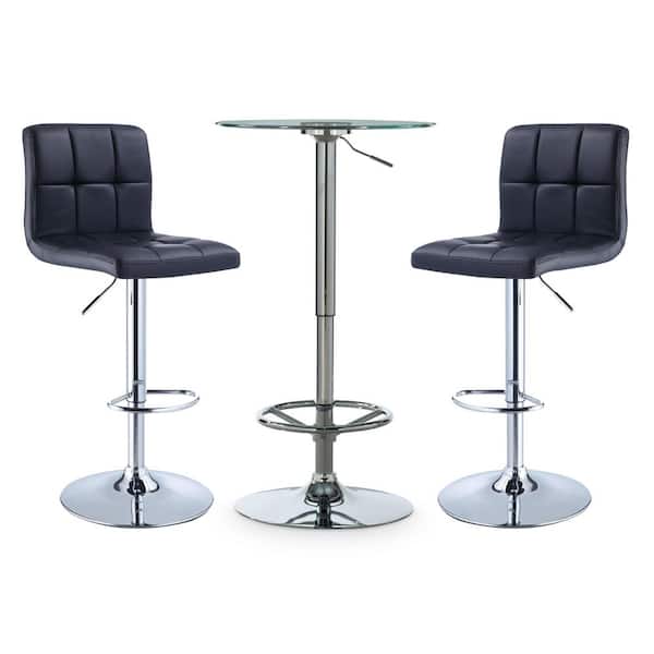 Gonzalez 3-Piece Round Glass Top Adjustable Chrome Base with Adjustable Black Faux Leather Barstool Bar Table Set