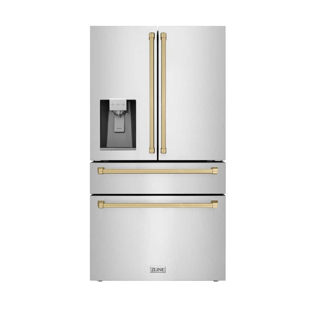 ZLINE Kitchen and Bath Autograph Edition 36 in. 4-Door French Door Refrigerator w/ Ice & Water Dispenser in Stainless Steel & Champagne Bronze