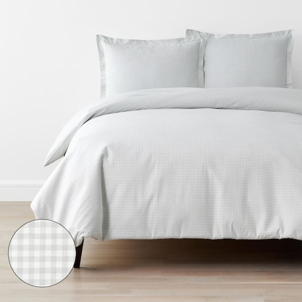 Company Kids by The Company Store Company Kids Ditsy Gingham Gray Full Organic Cotton Percale Duvet Cover Set