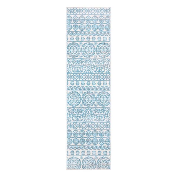 Blue 2 ft. x 7 ft. Boho Distressed Floral Vintage Runner Area Rug