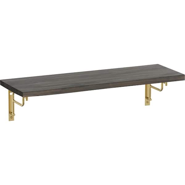 Liberty 24 in. x 8 in. x 6 in. Dark Stained Solid Pine Wood Decorative Wall Shelf with Satin Gold Art Deco Steel Brackets