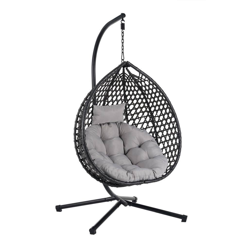 6.4 ft. Free Standing Quilted Hammock Chair with Stand, Rattan Weaving and Soft Removable Cushion in Black and Gray price history on PriceWatchPro