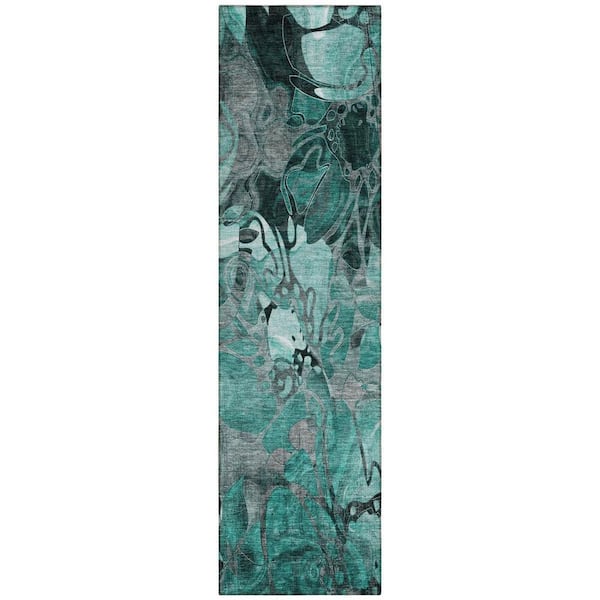 Teal Blue, Black, Gray 2 ft. x 8 ft. Woven Abstract Polyester Runner Indoor / Outdoor Area Rug
