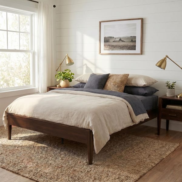 Chocolate (Brown) Solid Bamboo Wood Frame Queen Size Platform Bed with Metal Support and Wood Slats
