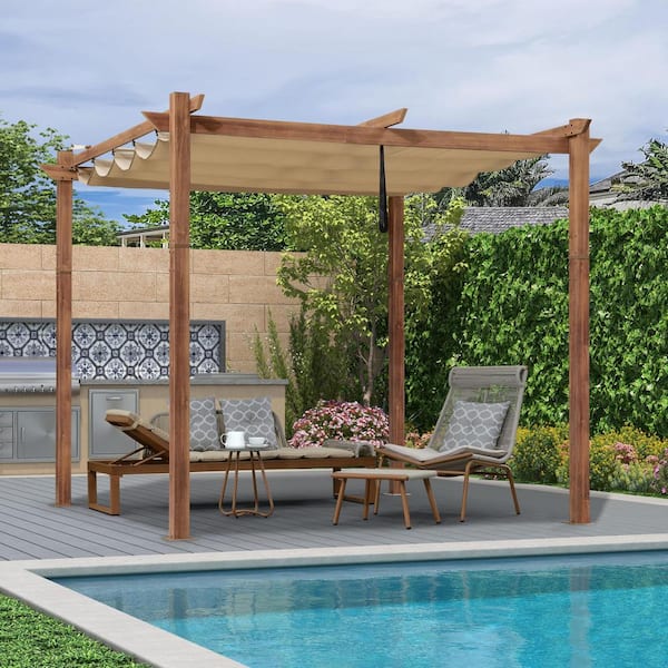 10 ft. W x 10 ft. D Modern Natural Wood Grain Aluminum Pergola with Khaki Adjustable Sun Canopy and Protective Roof