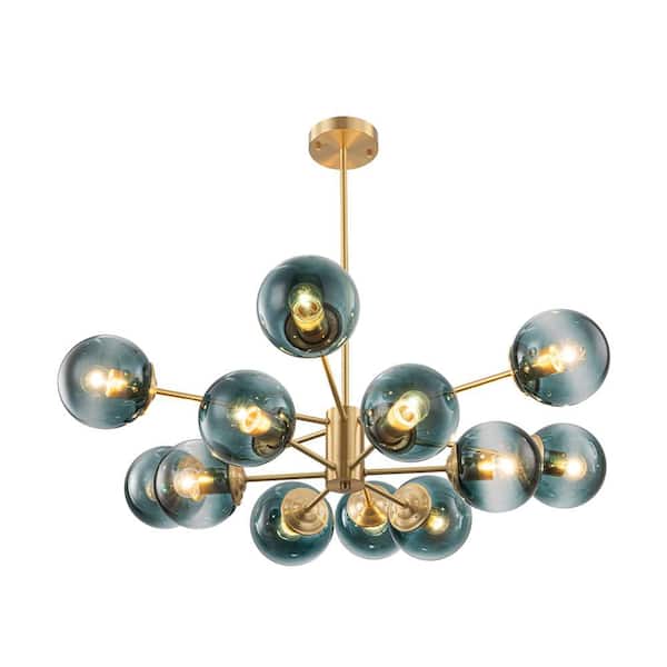Ceder 12-Light 35.4 in.W Brass and Blue Modern Sputnik Tiered Chandelier with Gradient Blue Glass for Living Room