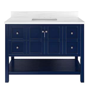 Solid Wood 48 in. W x 22 in. D x 39.3 in. H Single Sink Bath Vanity in Navy Blue with Carrara White Natural Marble Top
