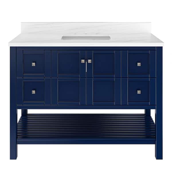 VANITYFUS Solid Wood 48 in. W x 22 in. D x 39.3 in. H Single Sink Bath Vanity in Navy Blue with Carrara White Natural Marble Top