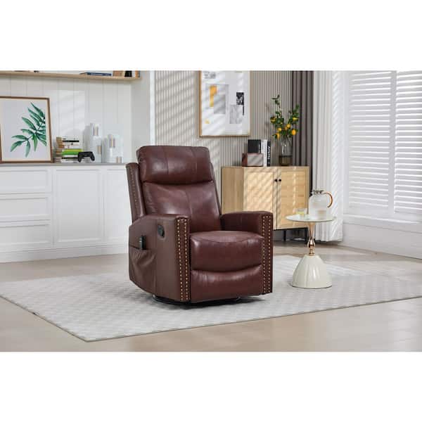 Yasmine Wine Red Upholstered Genuine Leather Swivel Rocker Manual Recliner Chair with Lumbar Heat and Massage