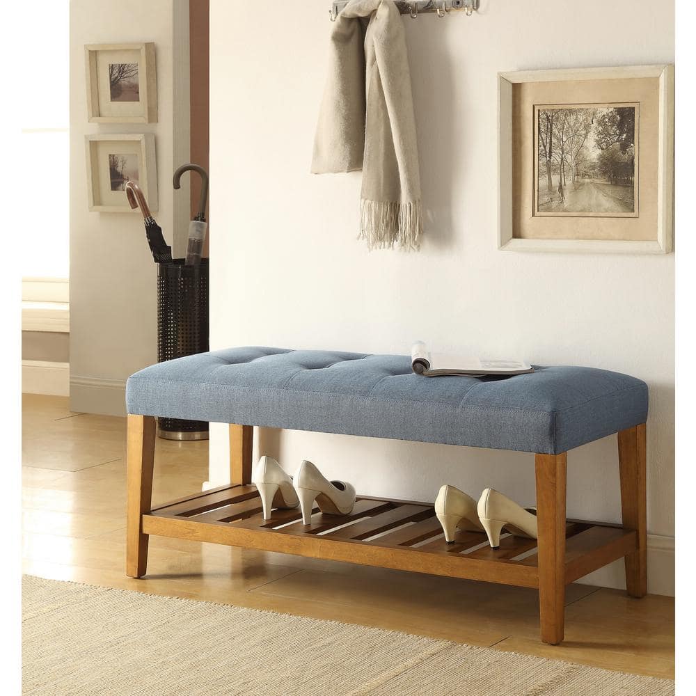 Blue Tufted Upholstered Bench with Oak Storage Shelf